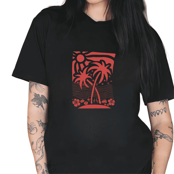 Cozymy Women's Boho Red Tropical Palm Tree Beach Linocut Graphic Short Sleeve T-Shirt Vintage Cotton Crewneck Summer Top