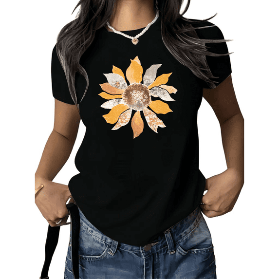 Cozymy Women's Boho Sunflower T-Shirt Paisley Floral Vintage Short Sleeve Crewneck Top S-5XL