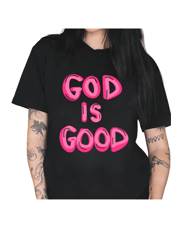 Women's Bold Pink Bubble Text T-Shirts Crewneck Short Sleeve Retro Graffiti Print Tees Trendy Graphic Statement Tops