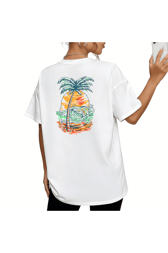 Women's Bright Tropical Palm Tree Beach Sunset Graphic Short Sleeve T-Shirt Casual Summer Cotton Tee