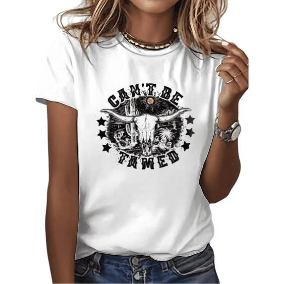Cozymy Women's "Can't Be Tamed" Western Bull Skull Cactus Star Graphic Short Sleeve Crewneck Casual Loose Fit T-Shirt S-5XL