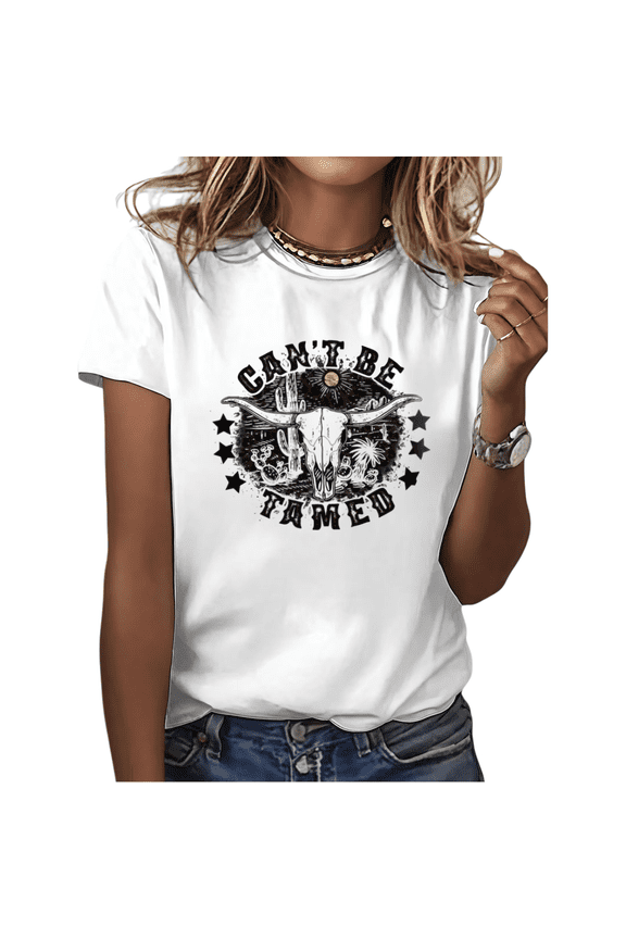 Women's "Can't Be Tamed" Western Bull Skull Cactus Star Graphic Short Sleeve Crewneck Casual Loose Fit T-Shirt S-5XL