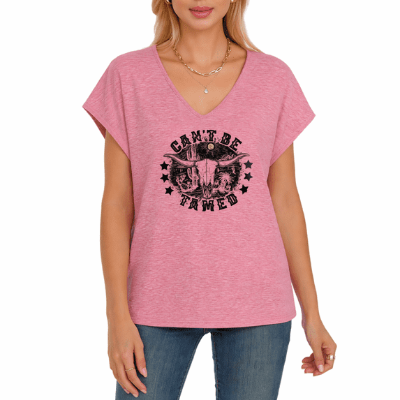 Cozymy Women's Can't Be Tamed Western Bull Skull Cactus Star Retro Cowgirl Graphic V-Neck Casual Short Loose T-Shirt Top