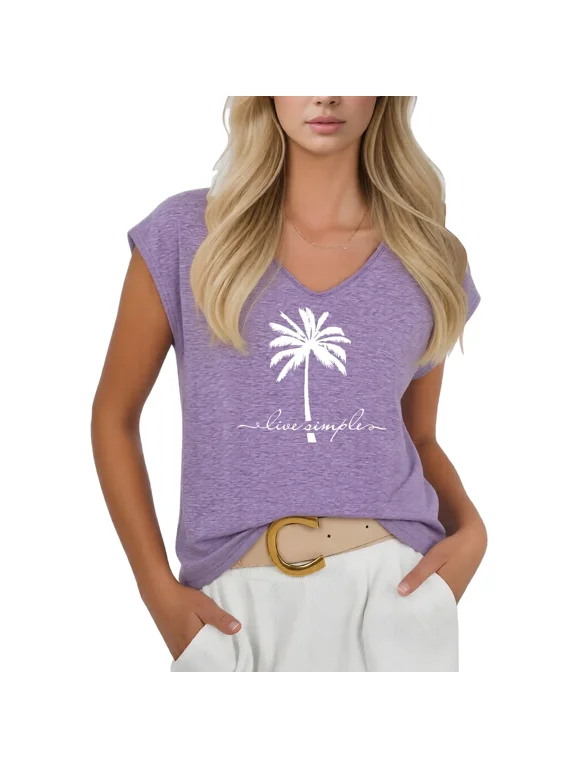 Women's Casual Live Simple Palm Tree Statement V-Neck Sleeveless T-Shirt Tank Top