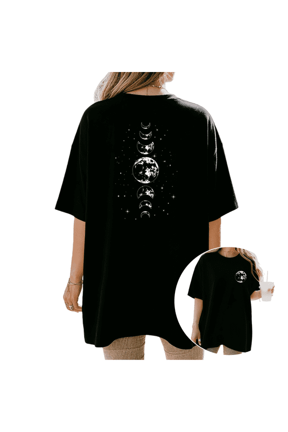 Women's Celestial Moon Phase Star Sky Graphic Crewneck Short Sleeve T-Shirt Casual Oversized Loose Fit Soft Mystical Astrology Witchy Aesthetic Daily Casual Tee Top
