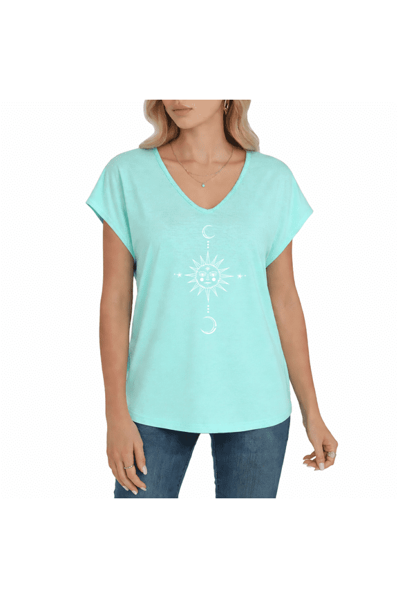 Women's Celestial Sun Moon Star Graphic V-Neck Dolman Short Sleeve Casual Boho Loose Fit Summer T-Shirt Top