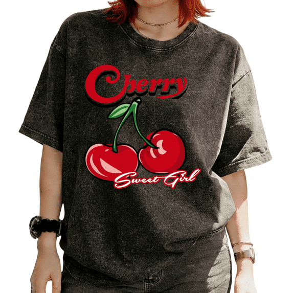 Cozymy Women's Cherry Sweet Girl Retro Graphic Tops Washed Short Sleeve T-Shirt Flattering Fit Versatile Tees