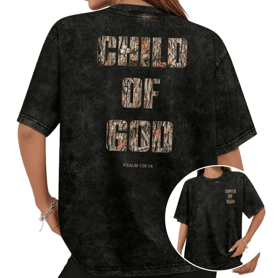Cozymy Women's Child of God Camo Print Graphic Washed Short Sleeve T-Shirt Crew Neck Christian Faith Hunting Tops