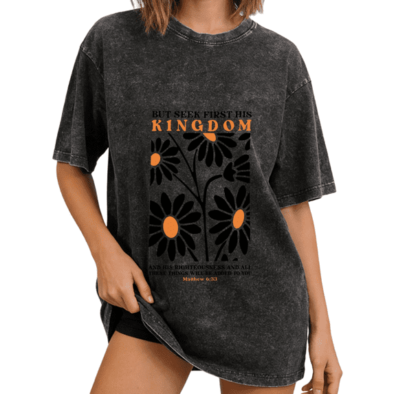 Cozymy Women's Christian Matthew 6:33 Floral Vintage Washed T-Shirt Short Sleeve Oversized Relaxed Fit Tee