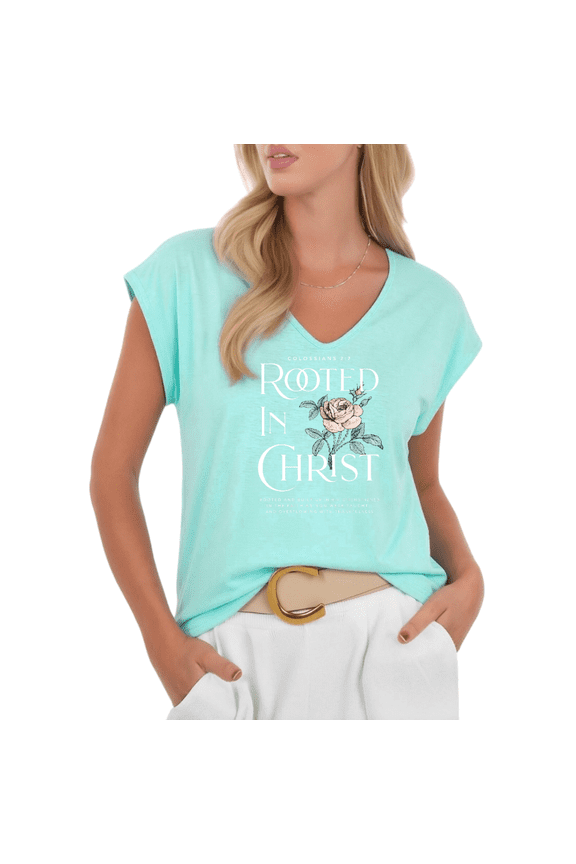 Women's Christian Rooted In Christ Floral V-Neck Sleeveless T-Shirt Inspirational Casual Tank