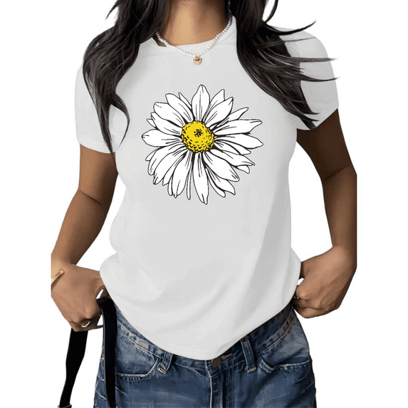 Cozymy Women's Clean Daisy Tee Simple Line Drawing Floral Short Sleeve Crewneck Casual T-Shirt S-5XL