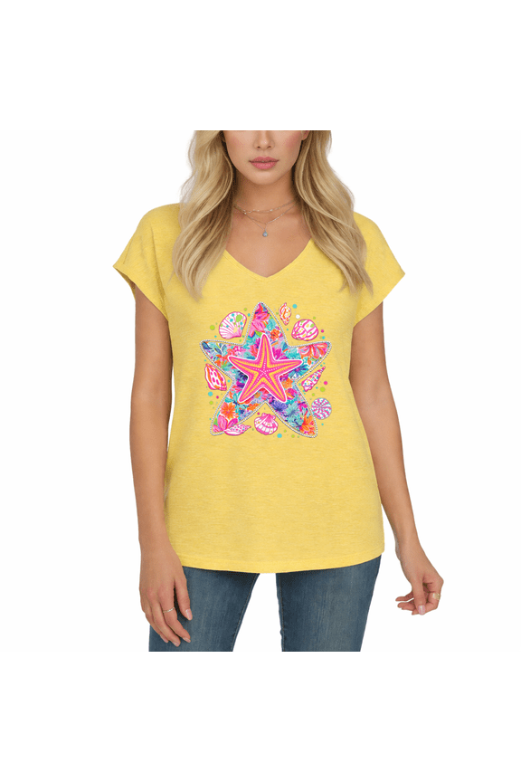 Women's Colorful Floral Starfish Seashell Tropical Beach Print V-Neck Short Sleeve T-Shirt Summer Coastal Vacation Casual Top