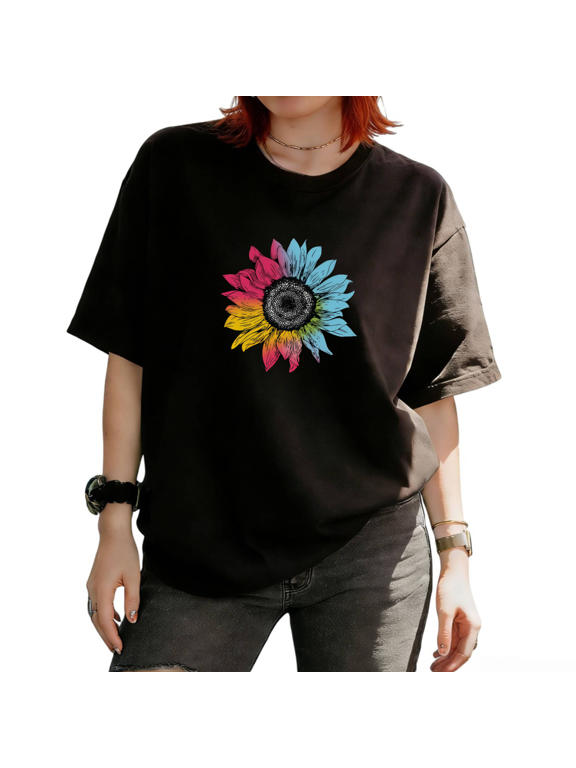 Women's Colorful Gradient Sunflower Floral Graphic Short Sleeve T-Shirt Simple Minimalist Tees Tops