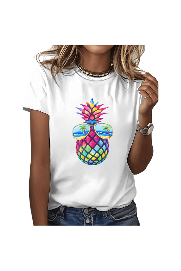 Women's Colorful Pineapple Sunglasses Beach Summer Graphic Crewneck Casual Short Sleeve T-Shirt Tops