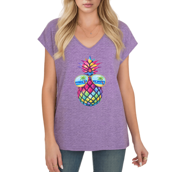 Cozymy Women's Colorful Summer Pineapple with Beach Sunglasses Graphic V-Neck Short Sleeve T-Shirt