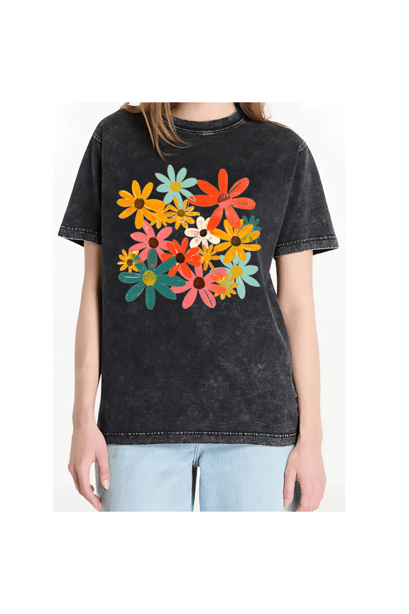 Women's Colorful Wild Daisy Bouquet Graphic Short Sleeve Vintage Washed T-Shirt Casual Loose Fit Top