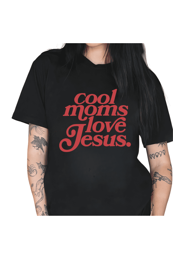 Women's "Cool Moms Love Jesus" Christian Mom Faith Graphic Short Sleeve Crewneck Casual Loose Fit Cotton T-Shirt