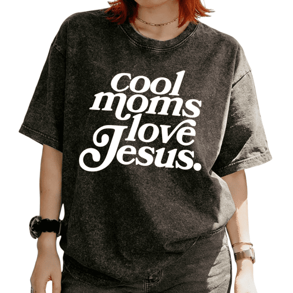 Cozymy Women's Cool Moms Love Jesus Retro Font Christian Graphic Washed Short Sleeve T-Shirt Trendy