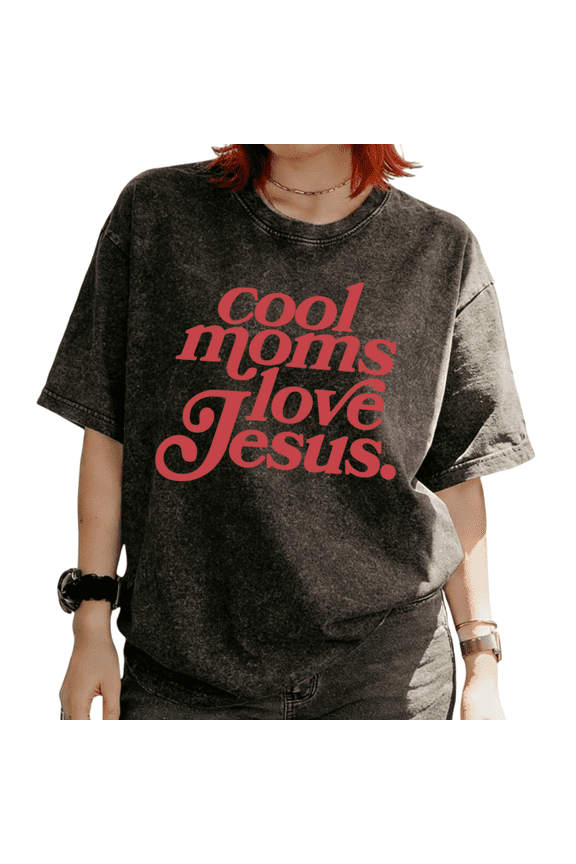 Women's Cool Moms Love Jesus Retro Red Font Christian Graphic Washed Tops Short Sleeve T-Shirt