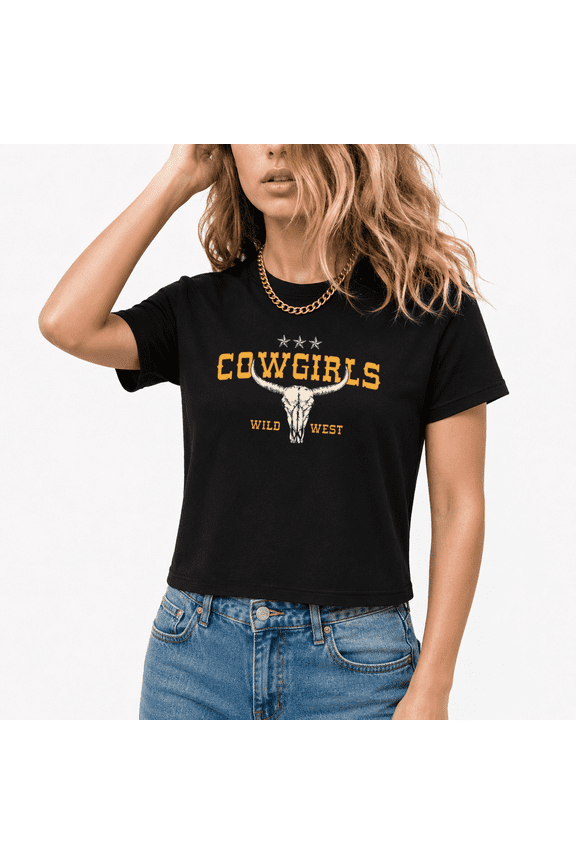 Women's Cowgirls Wild West Longhorn Skull Graphic Cropped Short Sleeve T-Shirt Soft Everyday Cotton Tees Tops