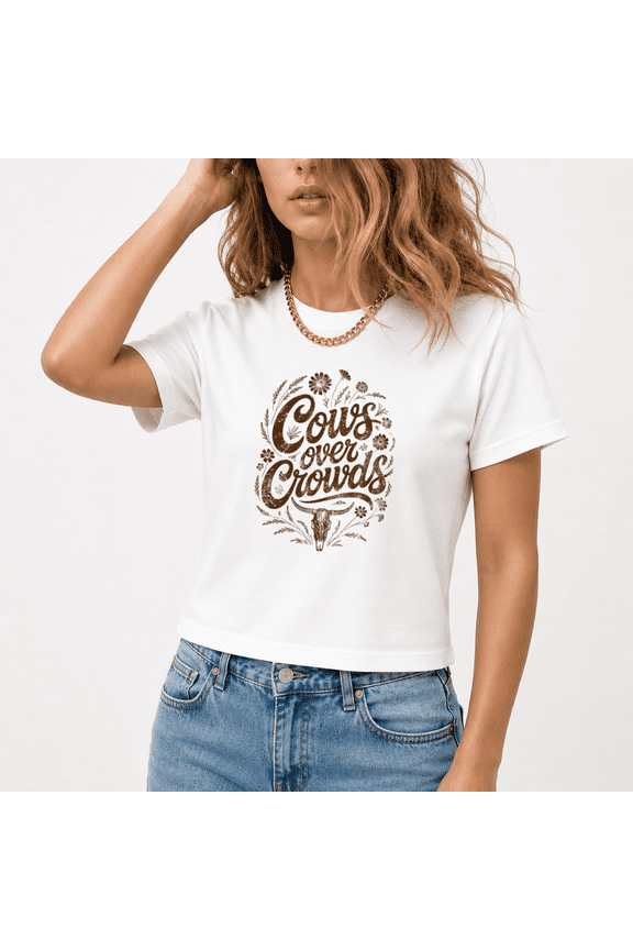 Women's Cows Over Crowds Western Floral Bull Skull Graphic Cropped Short Sleeve T-Shirt Suitable Trendy Tops