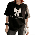 thumbnail image 1 of Cozymy Women's Cream Satin Bow She Is Worthy Proverbs 31 Christian Graphic Short Sleeve T-Shirt Comfortable Tees Tops, 1 of 5