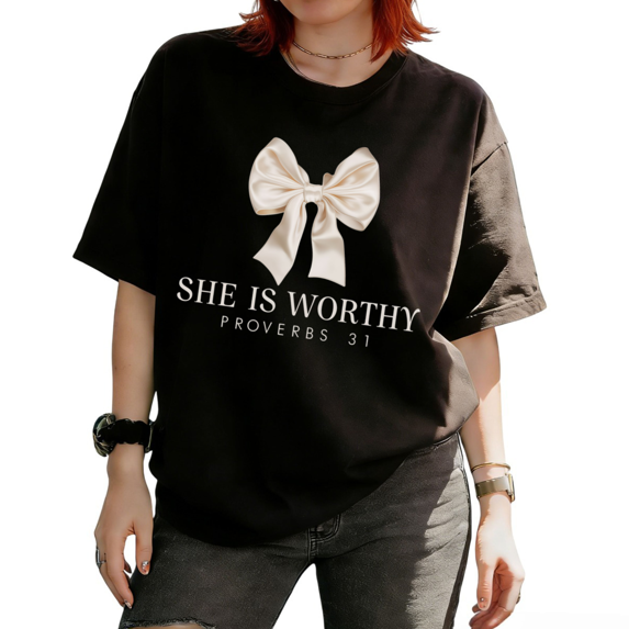 Cozymy Women's Cream Satin Bow She Is Worthy Proverbs 31 Christian Graphic Short Sleeve T-Shirt Comfortable Tees Tops