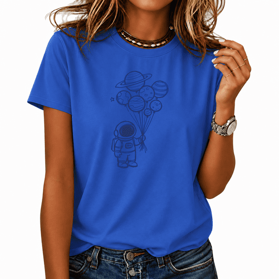 Cozymy Women's Cute Astronaut Planet Balloons T-Shirts Crewneck Short Sleeve Kawaii Space Print Tees Trendy Cosmic Art Tops