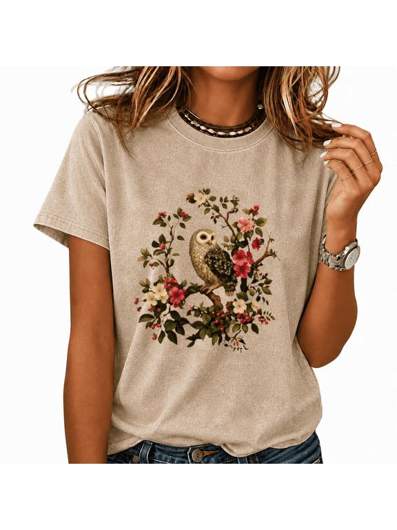 Women's Cute Night Owl Graphic Shirts Crewneck Short Sleeve Washed Distressed Retro Tops Trendy Floral Print Tees