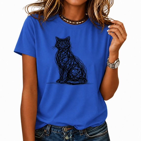Cozymy Women's Cute Scribble Cat Print T Shirts Crewneck Short Sleeve Abstract Doodle Pet Tees Trendy Graphic Summer Tops