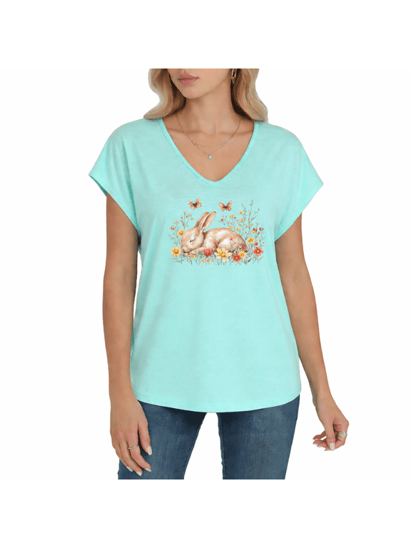 Women's Cute Sleeping Rabbit Wildflower Butterfly Graphic V-Neck Casual Soft Short Sleeve Relaxed Daily T-Shirt Top