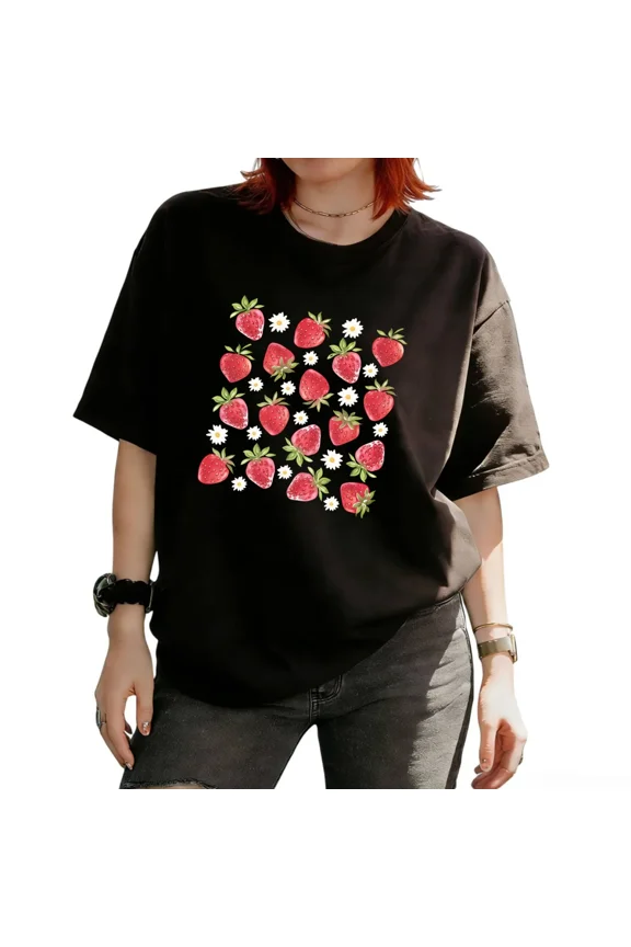 Women's Cute Watercolor Red Strawberry White Daisy Square Grid Fruit Floral Graphic Short Sleeve T‑Shirt Tees