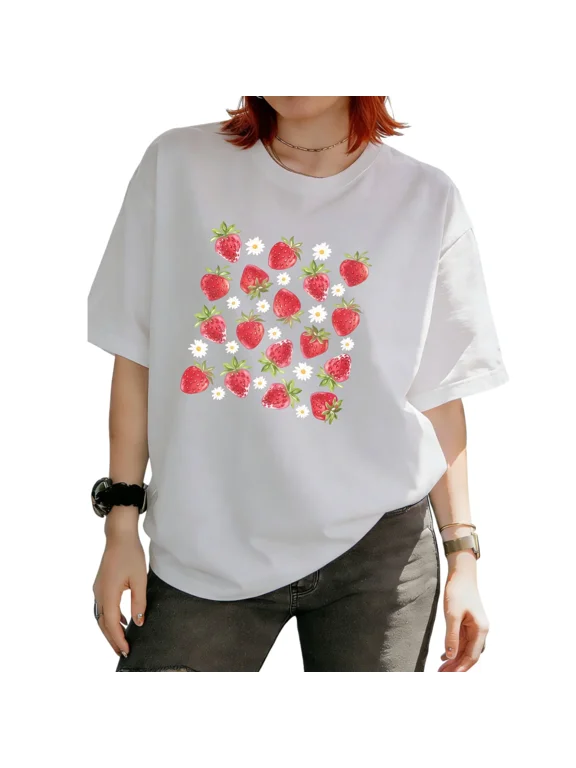 Women's Cute Watercolor Red Strawberry White Daisy Square Grid Fruit Floral Graphic Short Sleeve T‑Shirt Tees