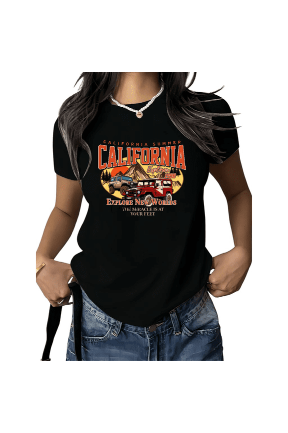 Women's Dark California Tee Vintage Camper Van Off Road Adventure Graphic Short Sleeve Top S-5XL