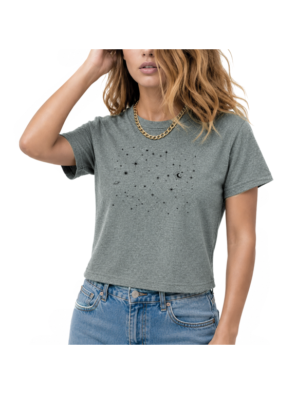 Women's Delicate Line Art Starry Sky Crescent Moon Saturn Zodiac Celestial Graphic Cropped Short Sleeve T-shirt Regular Fit Whimsical Night Sky Gift