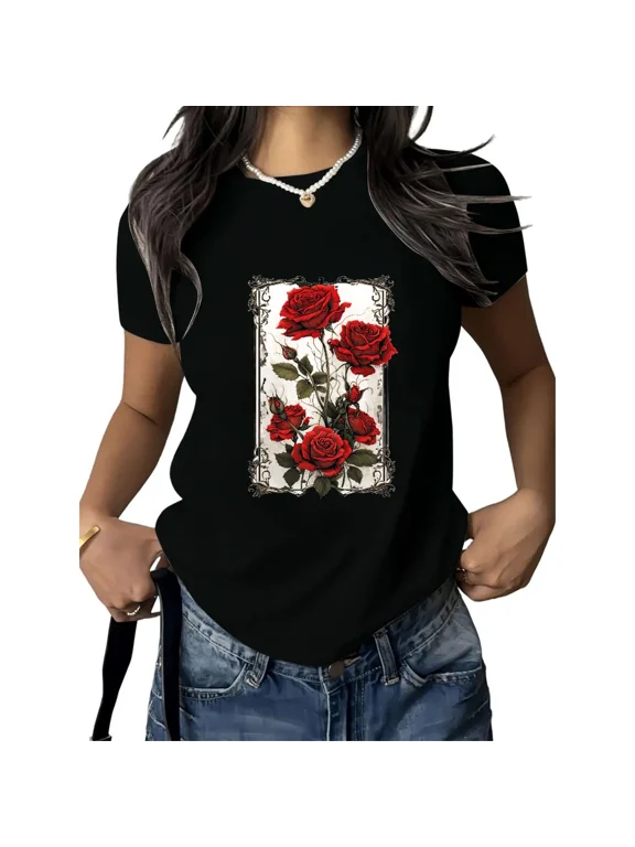 Women's Detailed Ornate Framed Red Gothic Rose Floral Graphic Short Sleeve T-Shirt Skin-Friendly Cotton Crewneck Relaxed All Season Black Casual Top