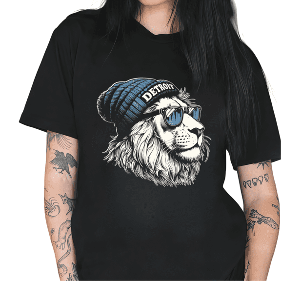 Cozymy Women's "Detroit" Cool Lion with Beanie and Sunglasses Graphic Crewneck Short Sleeve T-Shirt