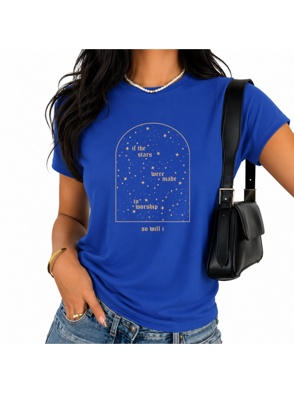 Women's Devoted Believer Gift Celestial Star Worship Verse Short Sleeve Crewneck Blue Tops