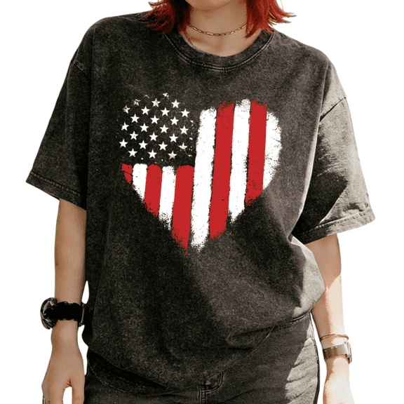 Cozymy Women's Distressed American Flag Heart 4th Of July Graphic Washed Short Sleeve T-Shirt Casual Relaxed Fit