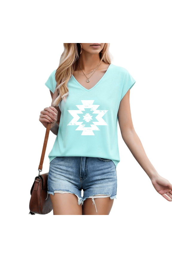 Women's Distressed Aztec Geometric Tribal Graphic V-Neck Sleeveless T-Shirt Western Soft Breathable Style