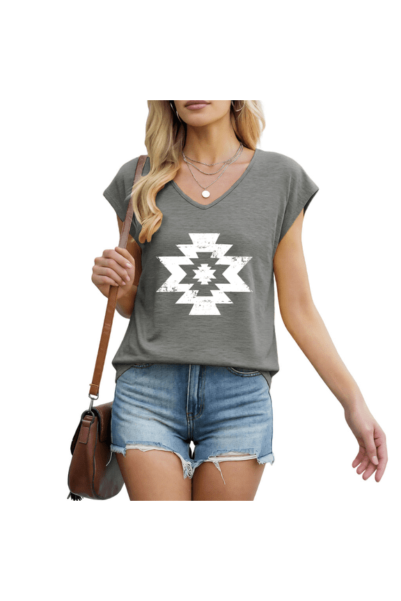 Women's Distressed Aztec Geometric Tribal Graphic V-Neck Sleeveless T-Shirt Western Soft Breathable Style