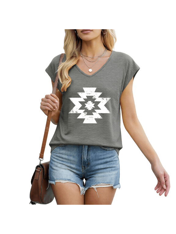 Women's Distressed Aztec Geometric Tribal Graphic V-Neck Sleeveless T-Shirt Western Soft Breathable Style