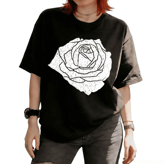 Cozymy Women's Distressed White Rose Floral Graphic Tops Short Sleeve T-Shirt Breathable Relaxed Fit