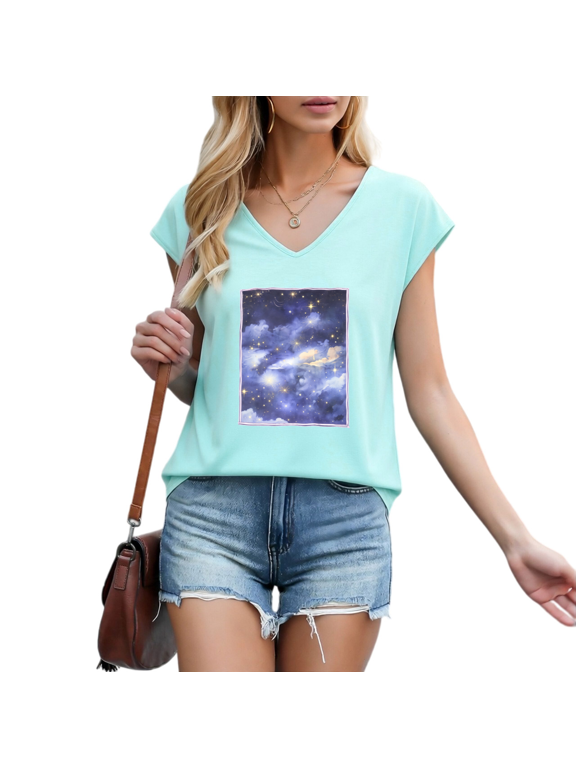 Women's Dreamy Starry Sky Cloud Galaxy Celestial Minimal Frame Graphic V Neck Sleeveless T Shirt Comfortable Top