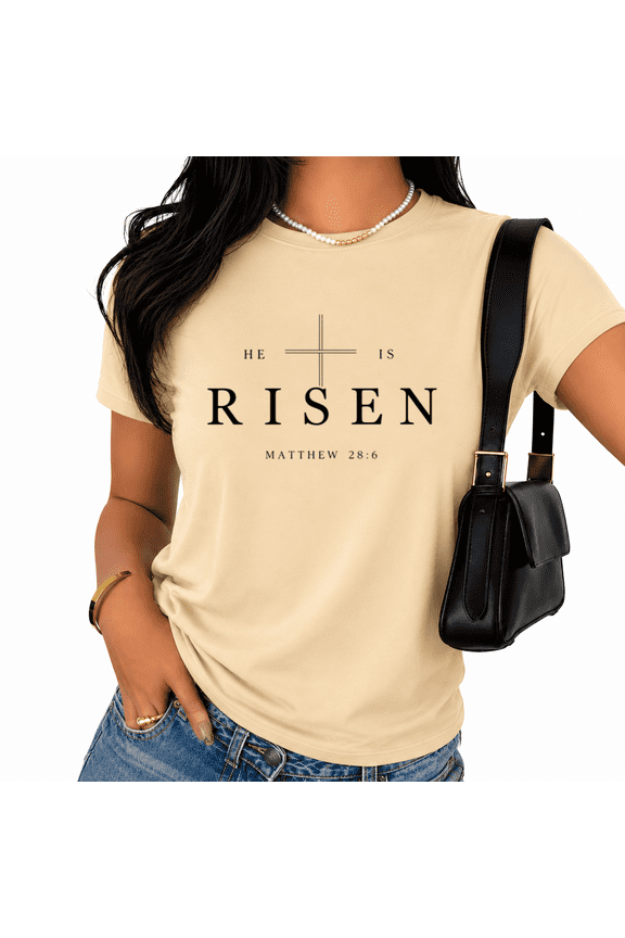 Women's Easter Believer Gift Simple Serif Cross Resurrection Pure Faith Scripture Short Sleeve Crewneck Apricot Tops