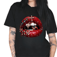 thumbnail image 1 of Cozymy Women's Edgy Red Jeweled Lips with Crosses and Gemstones Graphic Short Sleeve Crew Neck T-Shirt, 1 of 5