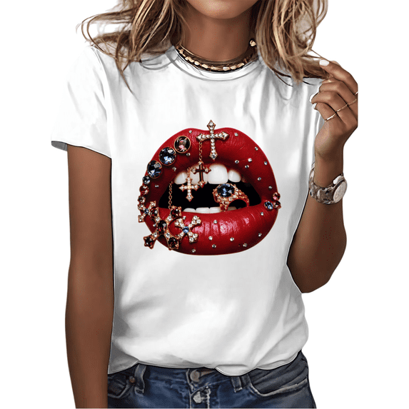 Cozymy Women's Edgy Red Jeweled Lips with Crosses and Gemstones Graphic Short Sleeve Crew Neck T-Shirt