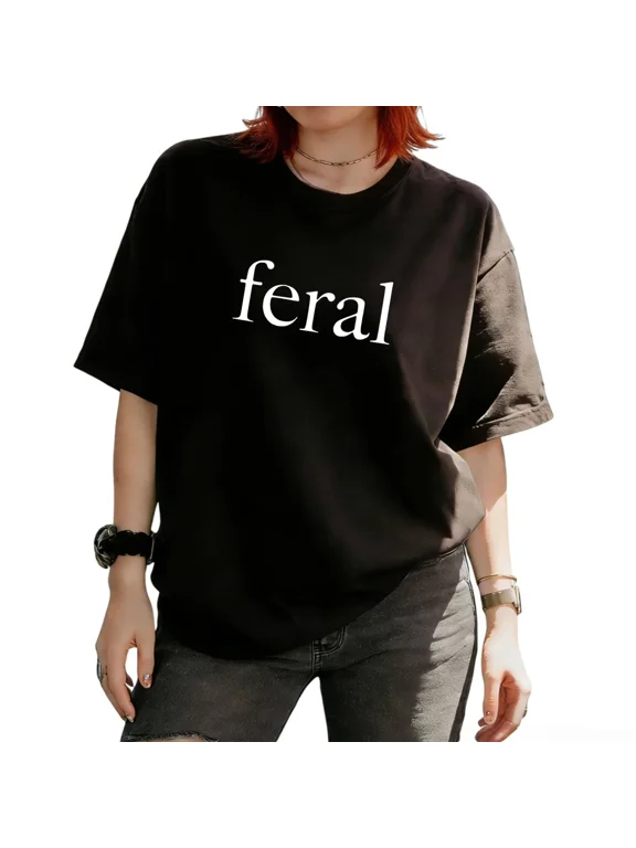 Women's Elegant Feral Bold Serif Single Phrase Graphic Short Sleeve T-Shirt Basic Relaxed Fit Casual Tees Tops
