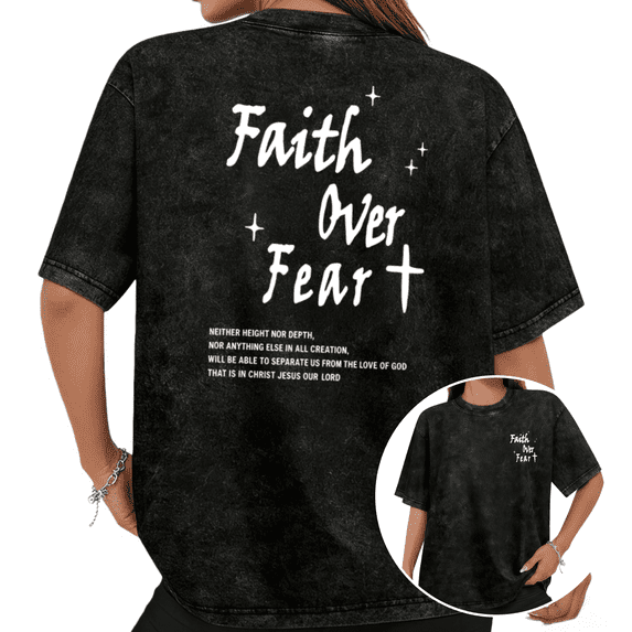 Cozymy Women's Faith Over Fear Christian Cross Graphic Washed Short Sleeve T-Shirt Relaxed Fit Casual Tees