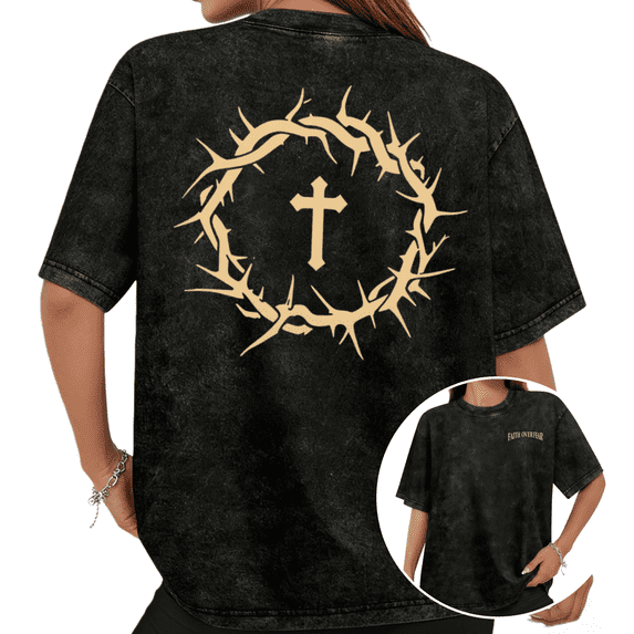 Cozymy Women's "Faith Over Fear" Crown of Thorns Cross Graphic Washed Short Sleeve T-Shirt Crew Neck Christian Inspirational Tops